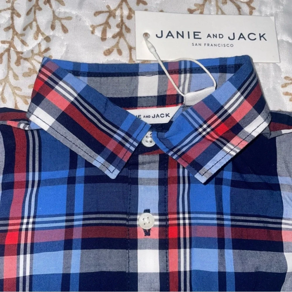 NWT Janie and Jack baby plaid collared button up onesie jumper 6-12 months blue - Picture 3 of 7
